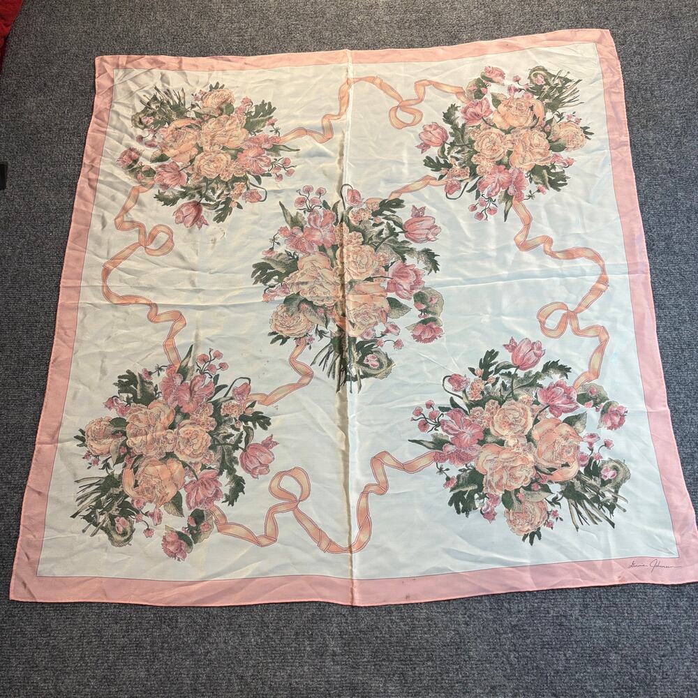 Vintage Ginnie Johansen Pink Floral Silk Scarf Square Hand Rolled Edge 34.5"